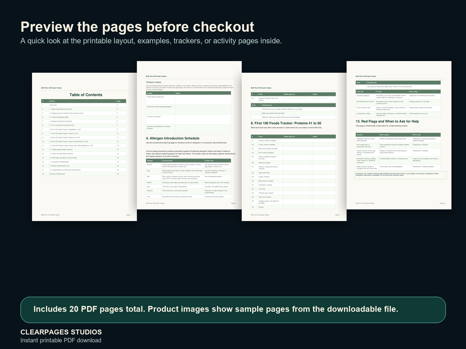 Baby-Led Weaning: The First 100 Foods Tracker — ClearPages preview: sample page gallery