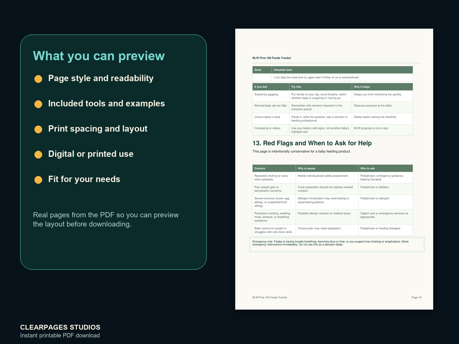 Baby-Led Weaning: The First 100 Foods Tracker — ClearPages preview: close-up page preview