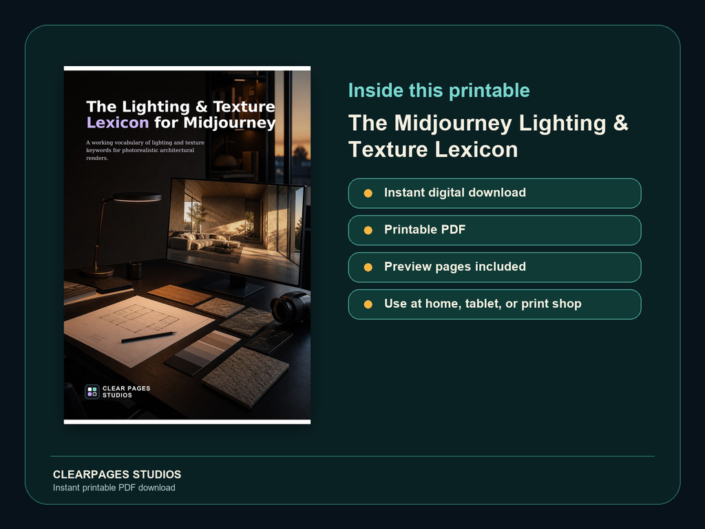 The Midjourney Lighting & Texture Lexicon — ClearPages preview: cover and instant download