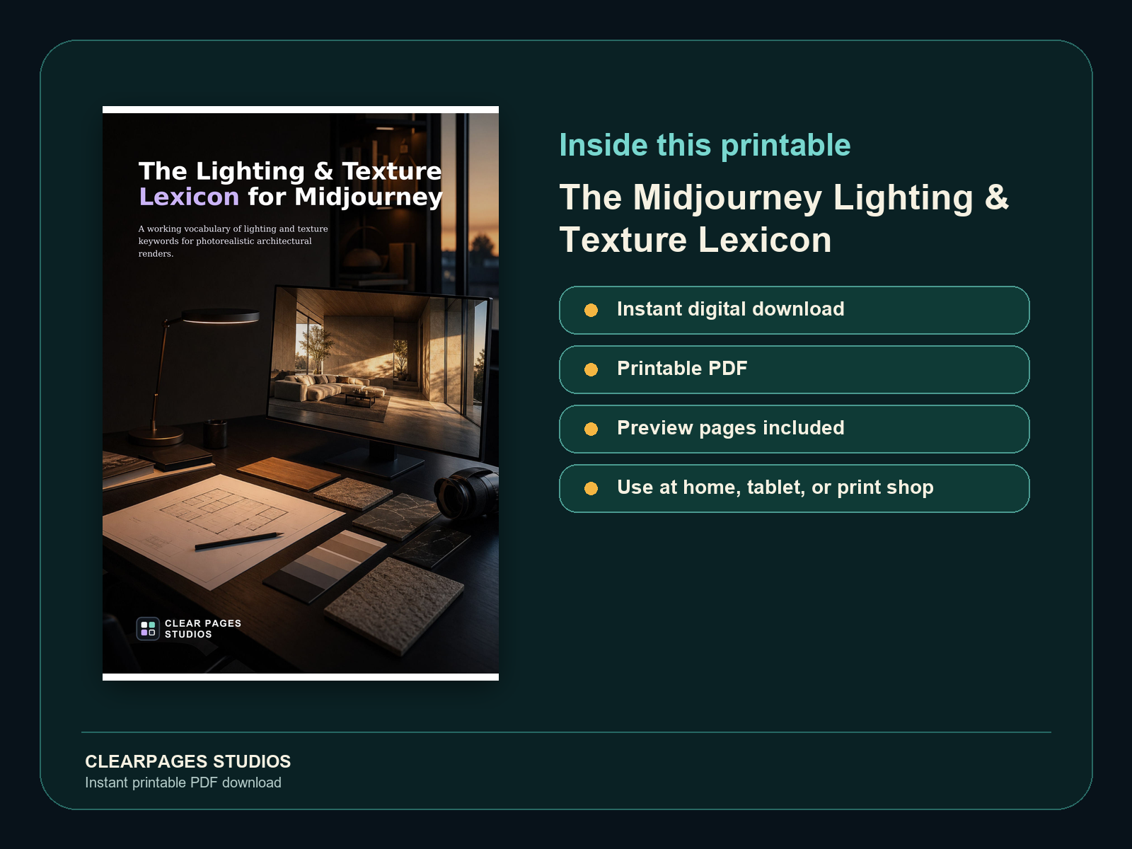 The Midjourney Lighting & Texture Lexicon — ClearPages preview: cover and instant download