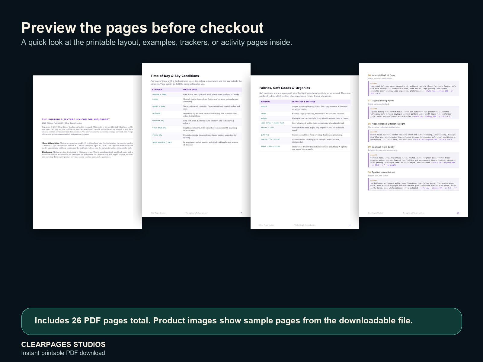 The Midjourney Lighting & Texture Lexicon — ClearPages preview: sample page gallery