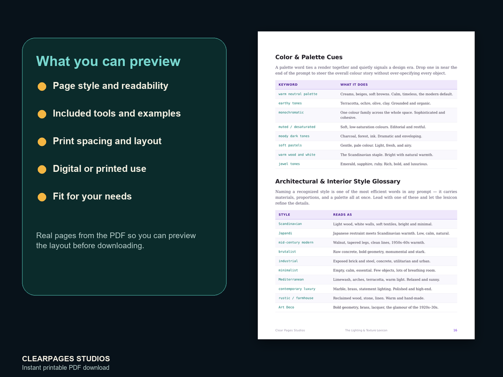 The Midjourney Lighting & Texture Lexicon — ClearPages preview: close-up page preview