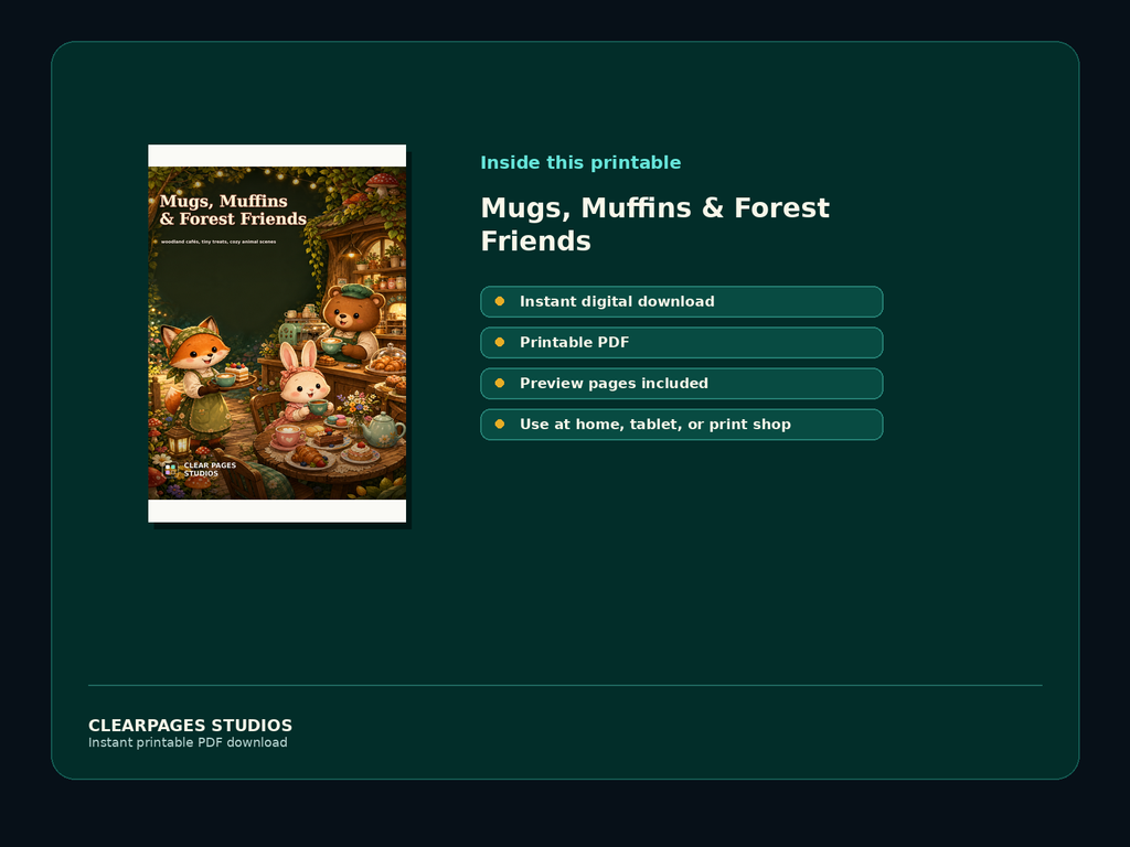 Mugs, Muffins & Forest Friends — ClearPages preview: cover and instant download
