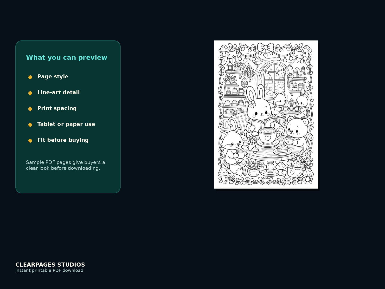 Mugs, Muffins & Forest Friends — ClearPages preview: close-up page preview