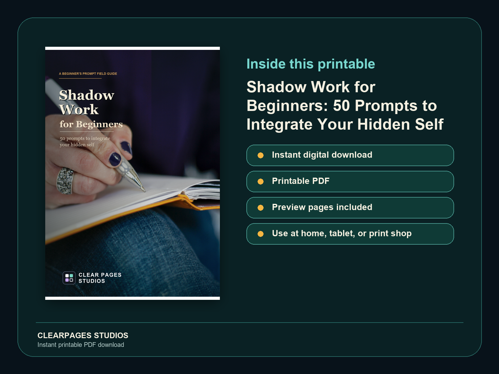 Shadow Work for Beginners: 50 Prompts to Integrate Your Hidden Self — ClearPages preview: cover and instant download