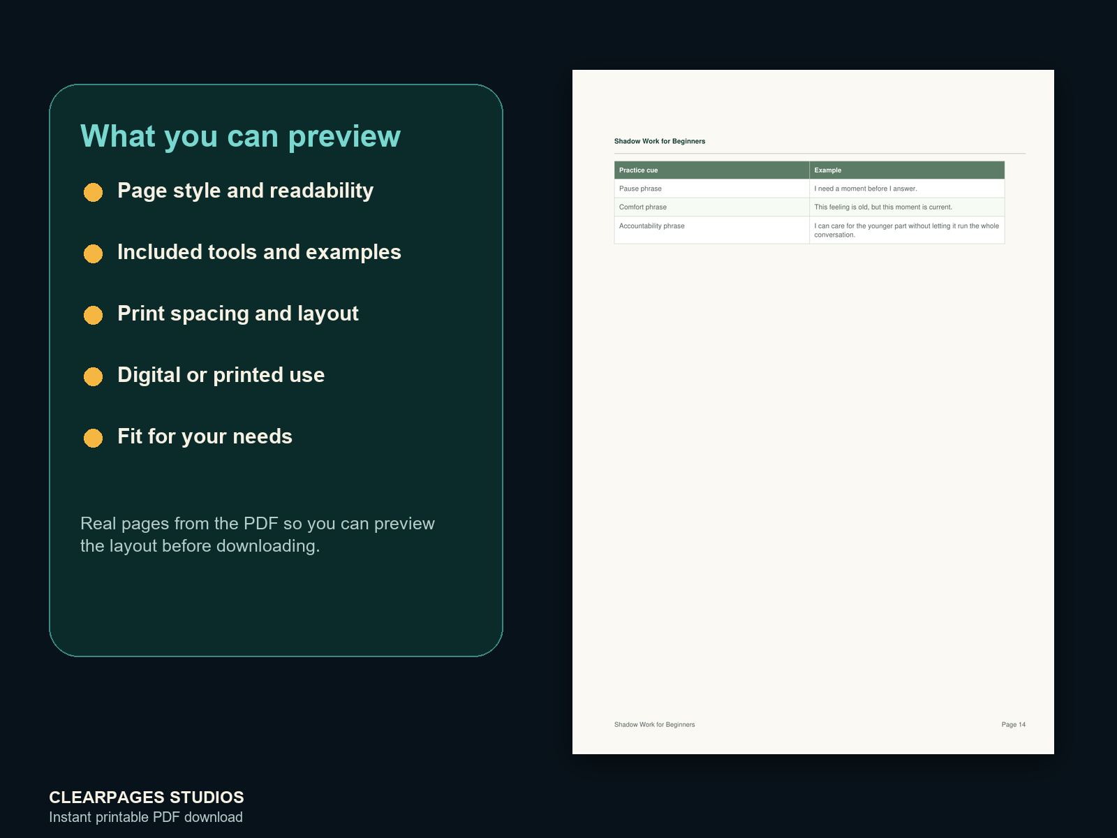 Shadow Work for Beginners: 50 Prompts to Integrate Your Hidden Self — ClearPages preview: close-up page preview