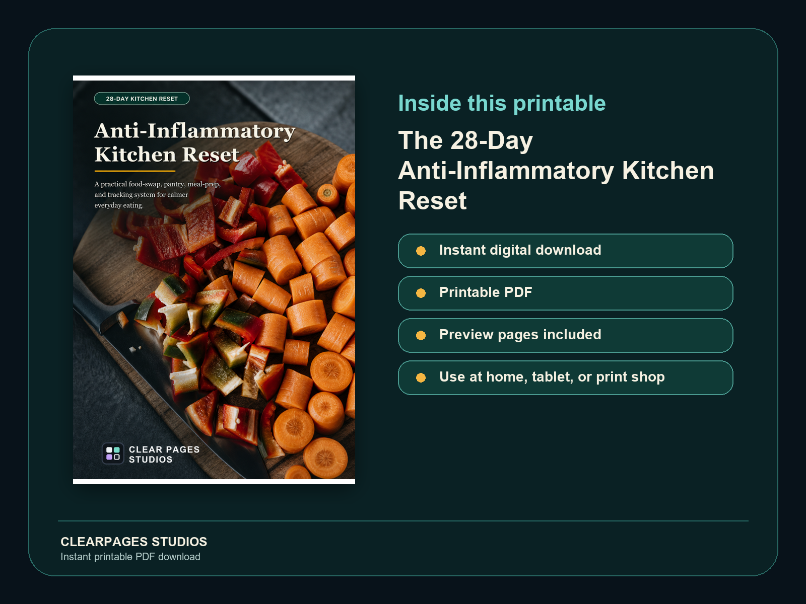 The 28-Day Anti-Inflammatory Kitchen Reset — ClearPages preview: cover and instant download