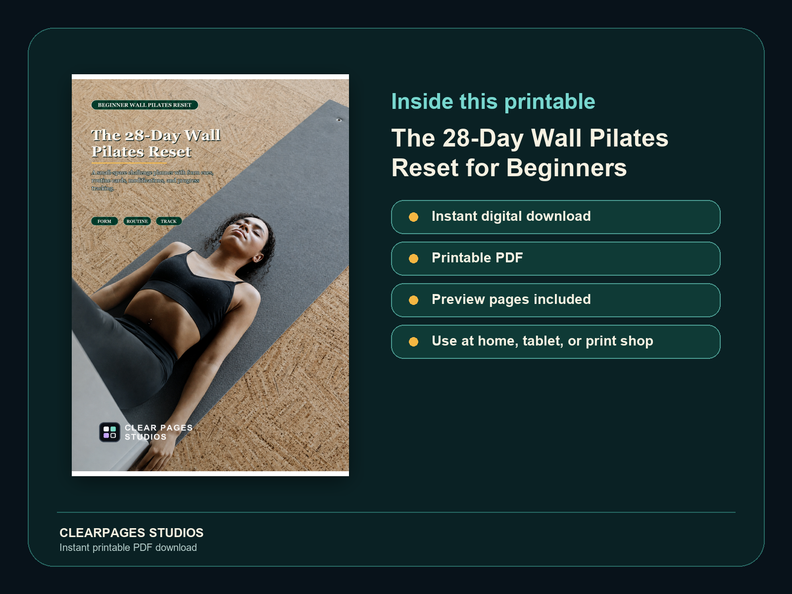 The 28-Day Wall Pilates Reset for Beginners — ClearPages preview: cover and instant download