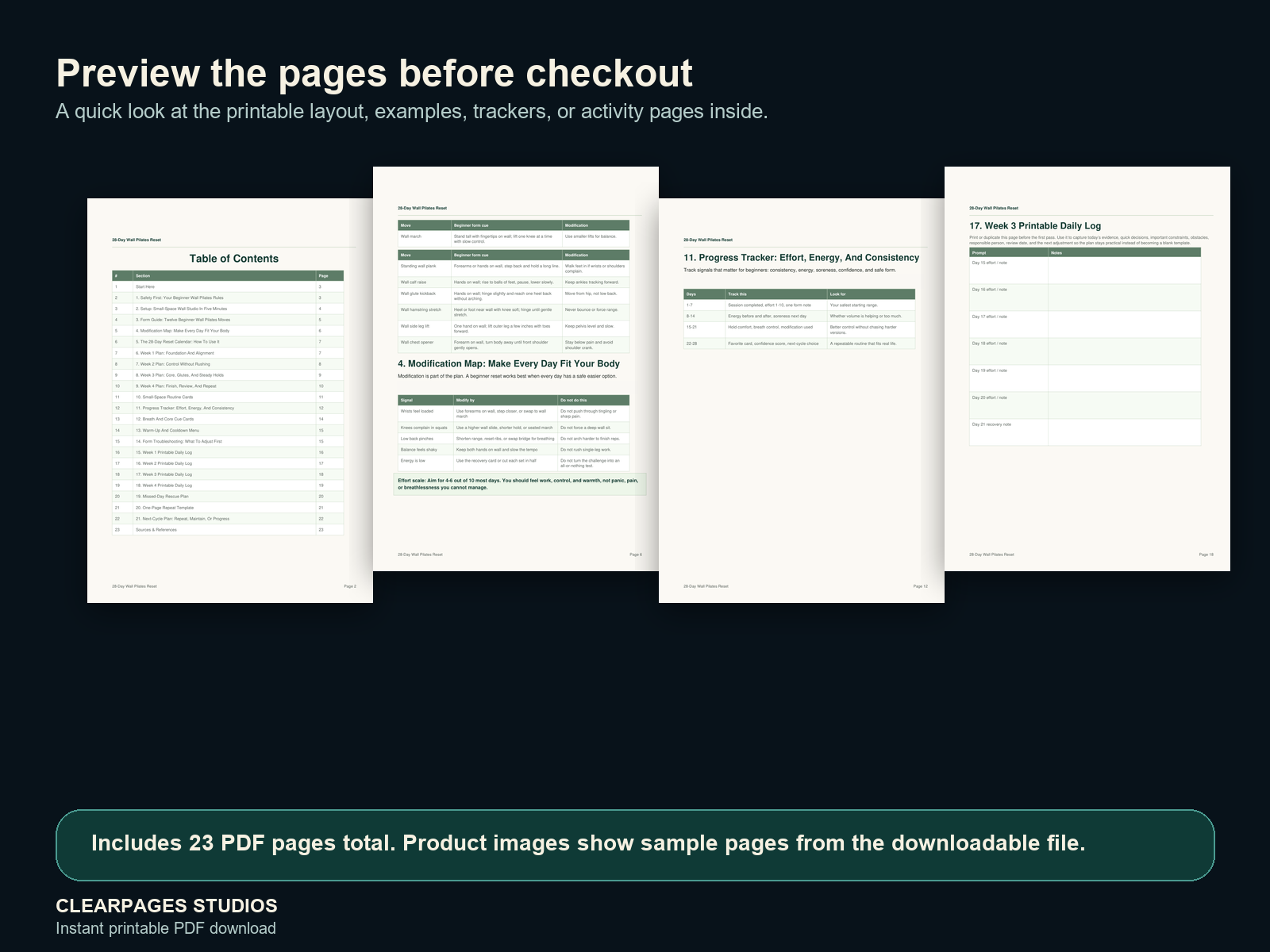 The 28-Day Wall Pilates Reset for Beginners — ClearPages preview: sample page gallery