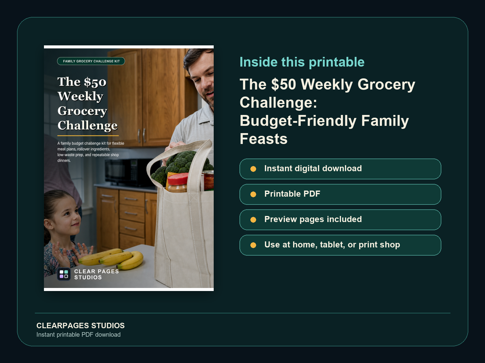 The $50 Weekly Grocery Challenge: Budget-Friendly Family Feasts — ClearPages preview: cover and instant download