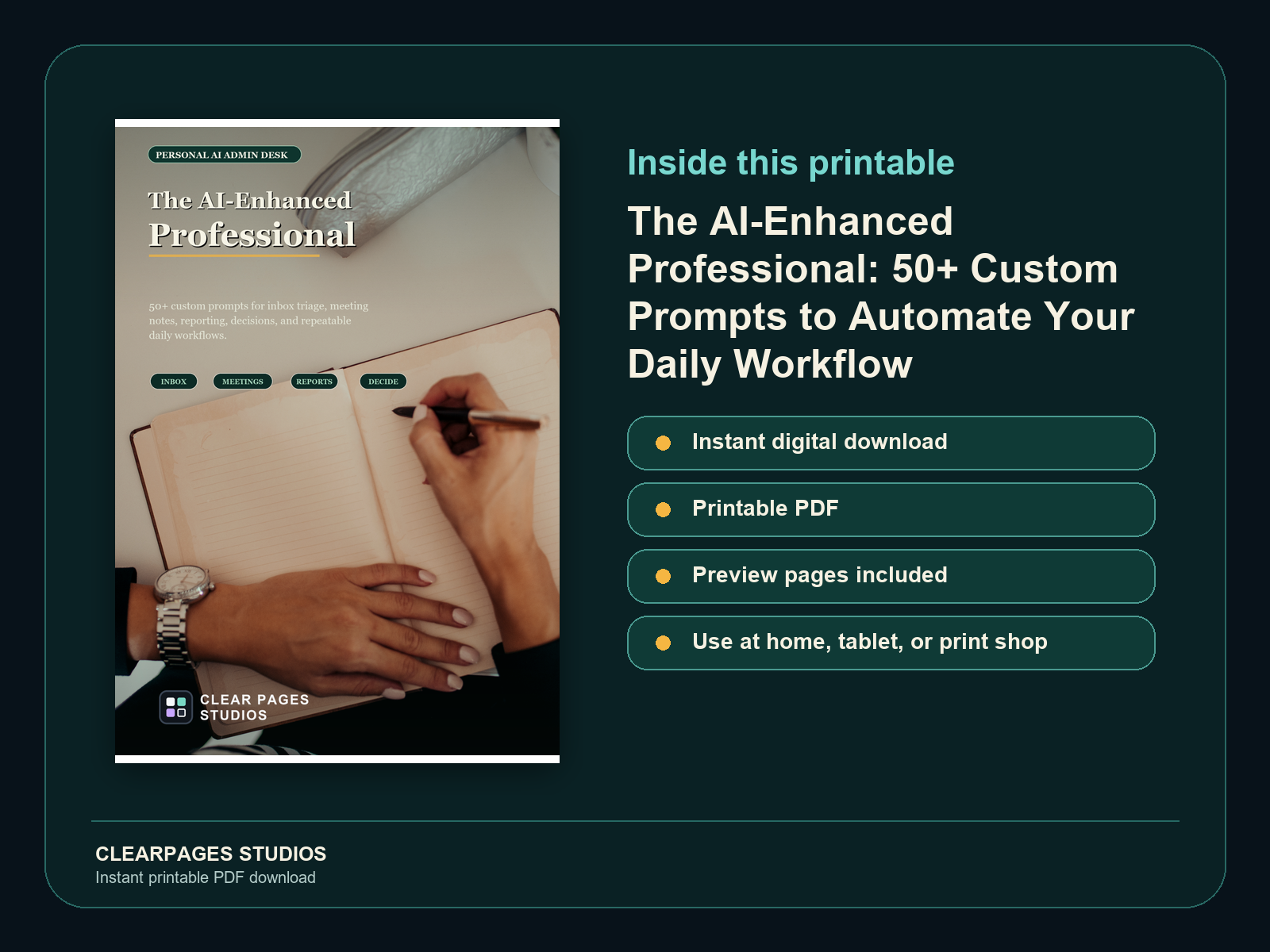 The AI-Enhanced Professional: 50+ Custom Prompts to Automate Your Daily Workflow — ClearPages preview: cover and instant download