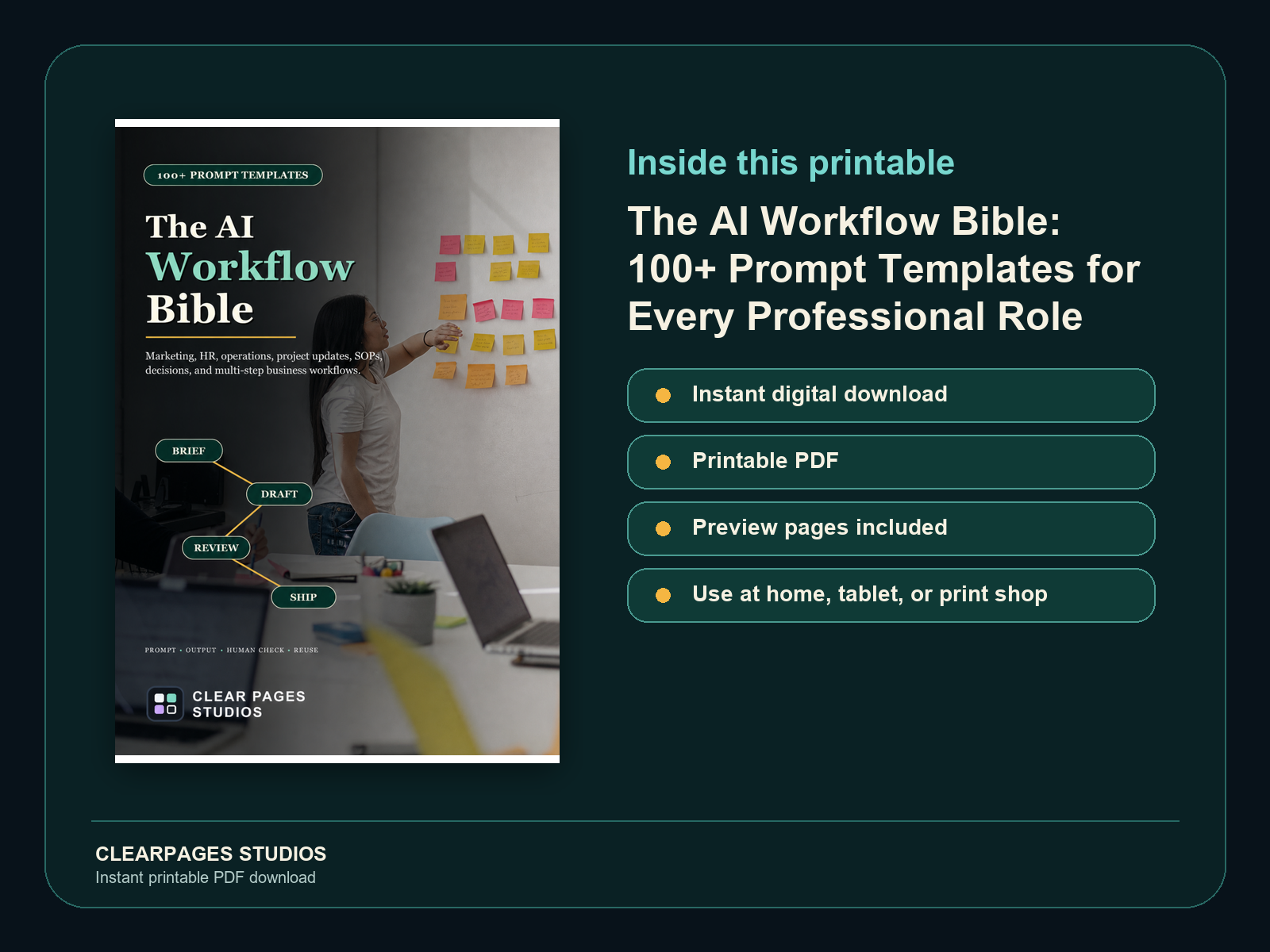 The AI Workflow Bible: 100+ Prompt Templates for Every Professional Role — ClearPages preview: cover and instant download