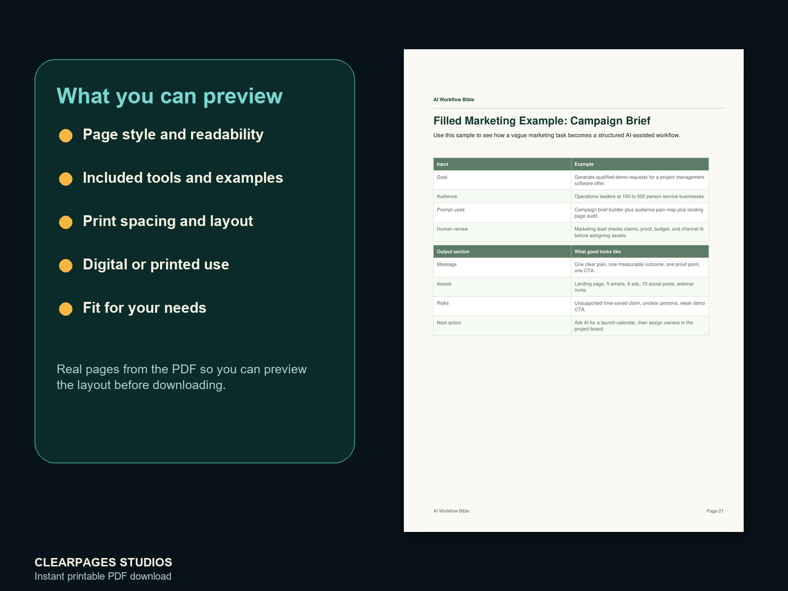 The AI Workflow Bible: 100+ Prompt Templates for Every Professional Role — ClearPages preview: close-up page preview