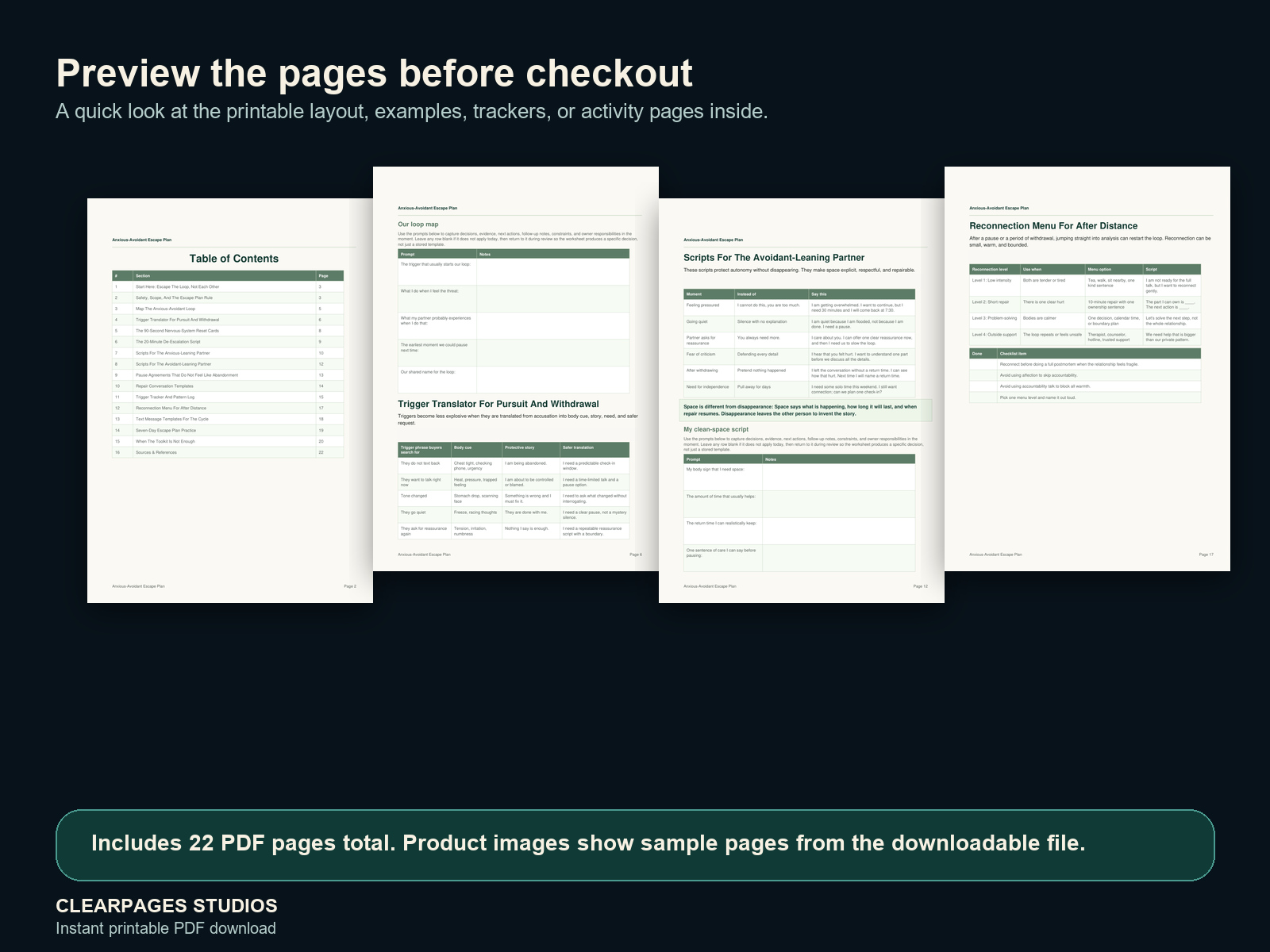 The Anxious-Avoidant Escape Plan — ClearPages preview: sample page gallery