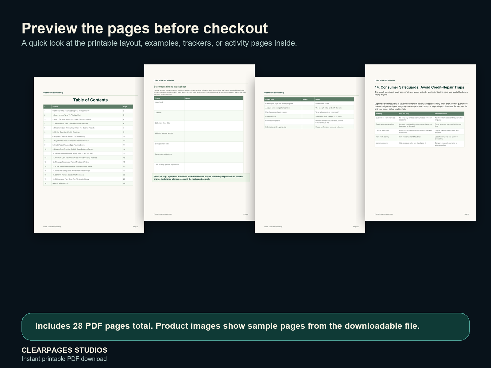 The Credit Score 800 Recovery Roadmap — ClearPages preview: sample page gallery