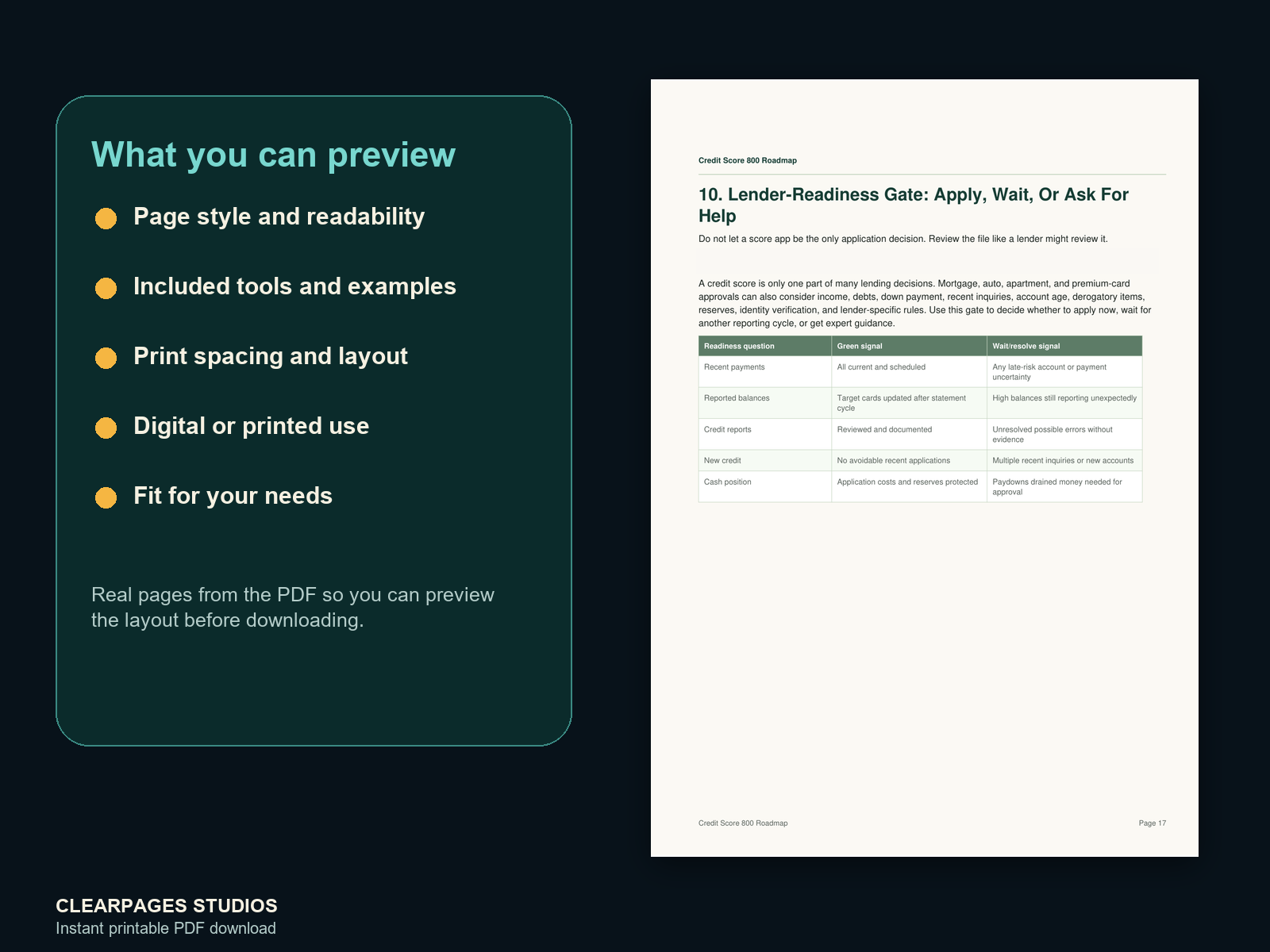 The Credit Score 800 Recovery Roadmap — ClearPages preview: close-up page preview