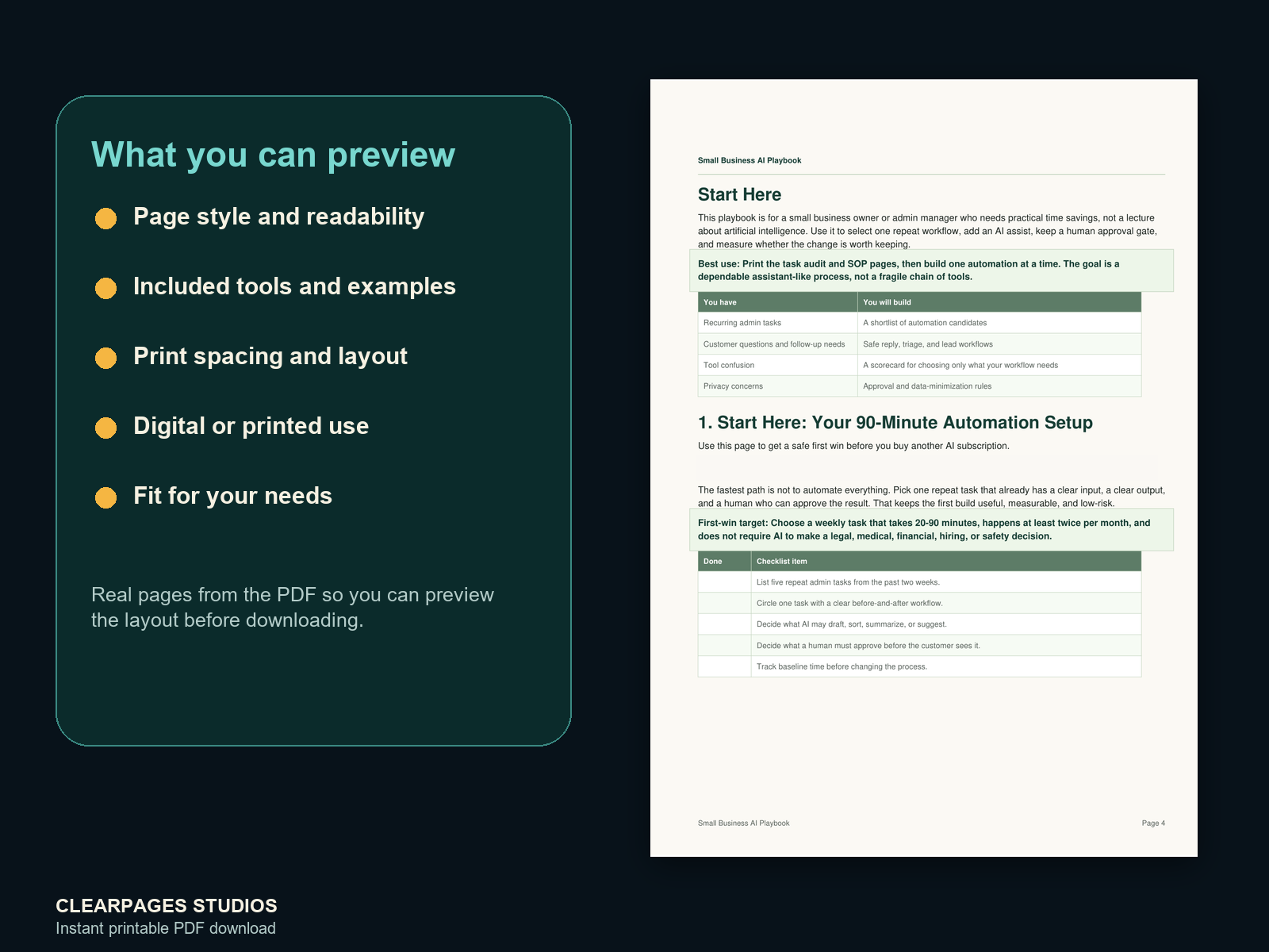 The Small Business AI Automation Playbook — ClearPages preview: close-up page preview
